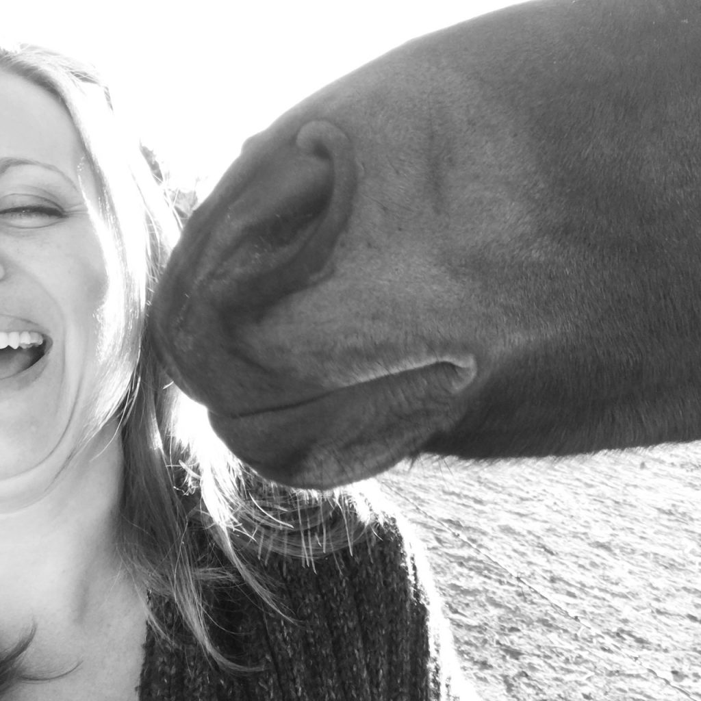horse giving kiss to wellness and holistic coach Jennifer mcleland holistic head to toe coah